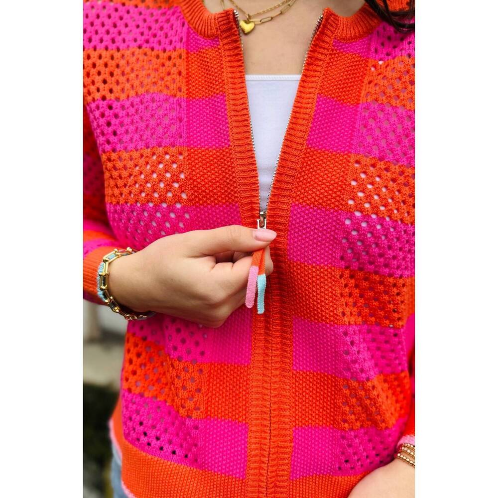 NEW ZAKET & PLOVER crochet zip stripe sweater in sunset - Picture 2 of 3